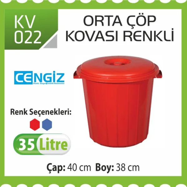 ORTA ÇÖP KOVASI KAPAKLI  RENKLİ 35 LT (UP 110)