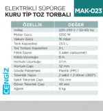 ELEKTRİKLİ SÜPÜRGE KURU TİP TOZ TORBALI (UTP720)