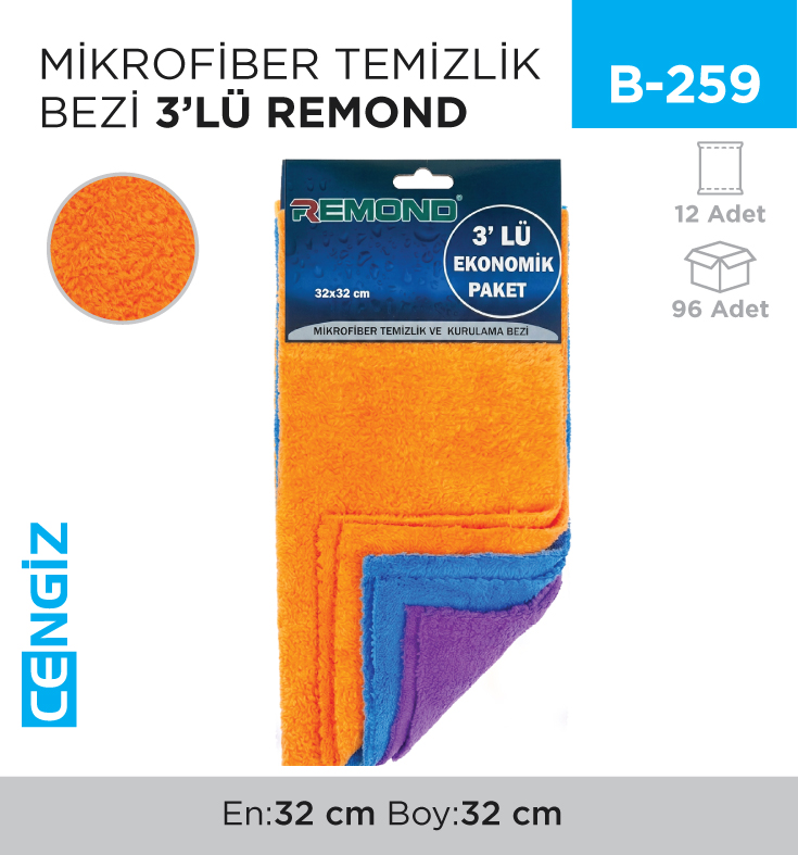 MİKROFİBER TEMİZLİK BEZİ 3LÜ REMOND (32*32) RND-23