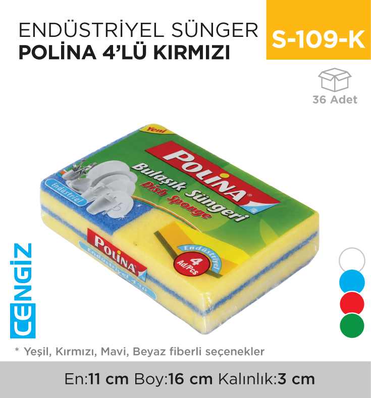 ENDÜSTRİYEL SÜNGER POLİNA 4LÜ KIRMIZI (2233)
