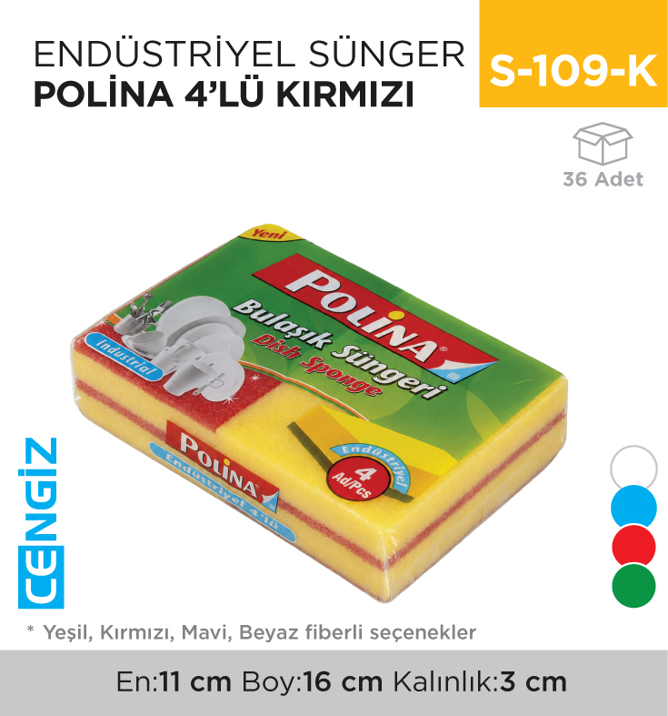 ENDÜSTRİYEL SÜNGER POLİNA 4LÜ KIRMIZI (2233)